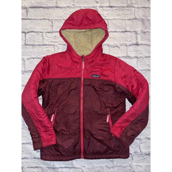 Patagonia Girls Reversible Pink Sherpa Jacket Size M 10 Hood Pockets Outdoor